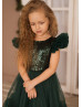 Feifei Sleeves Emerald Sequin Tulle Chic Flower Girl Dress